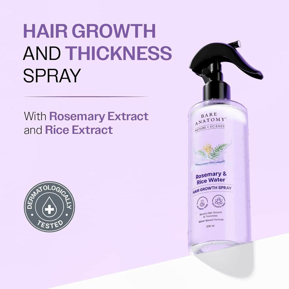 Bare Anatomy Rosemary & Rice Water Hair Growth Spray 200ml — Boosts Thickness & Controls Hair Fall