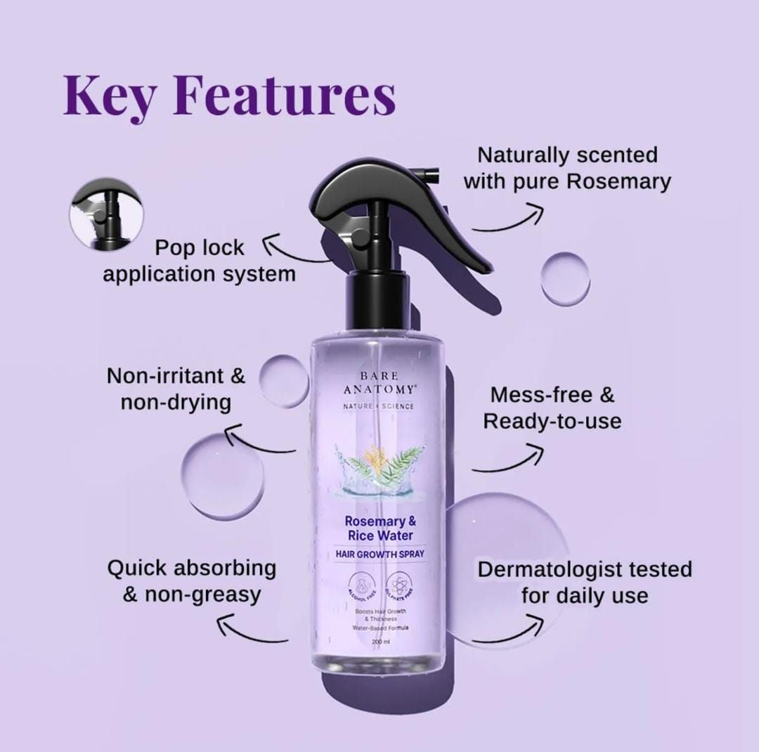 Bare Anatomy Rosemary & Rice Water Hair Growth Spray 200ml — Boosts Thickness & Controls Hair Fall