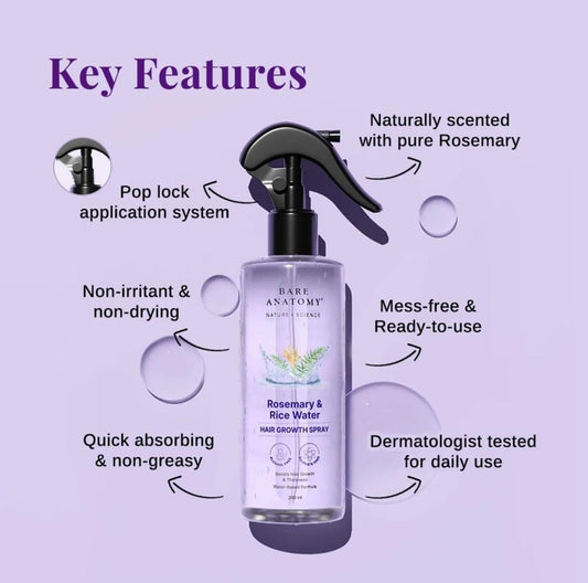 Bare Anatomy Rosemary & Rice Water Hair Growth Spray 200ml — Boosts Thickness & Controls Hair Fall
