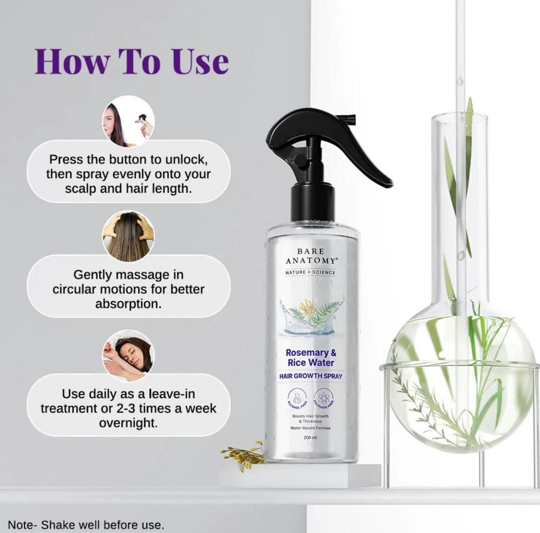 Bare Anatomy Rosemary & Rice Water Hair Growth Spray 200ml — Boosts Thickness & Controls Hair Fall